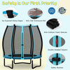 55-inch blue trampoline for kids with safety enclosure net, anti-collision foam sleeves, and robust galvanized steel.