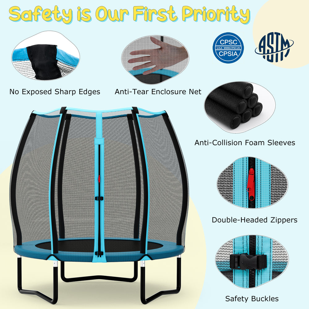 55-inch blue trampoline for kids with safety enclosure net, anti-collision foam sleeves, and robust galvanized steel.