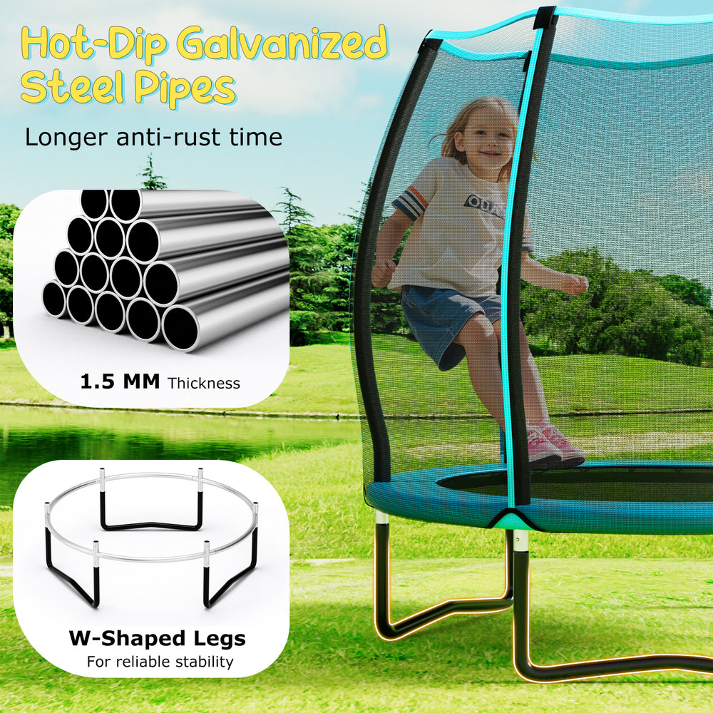 55-inch blue trampoline for kids with safety enclosure net, galvanized steel frame, and W-shaped legs for stability.