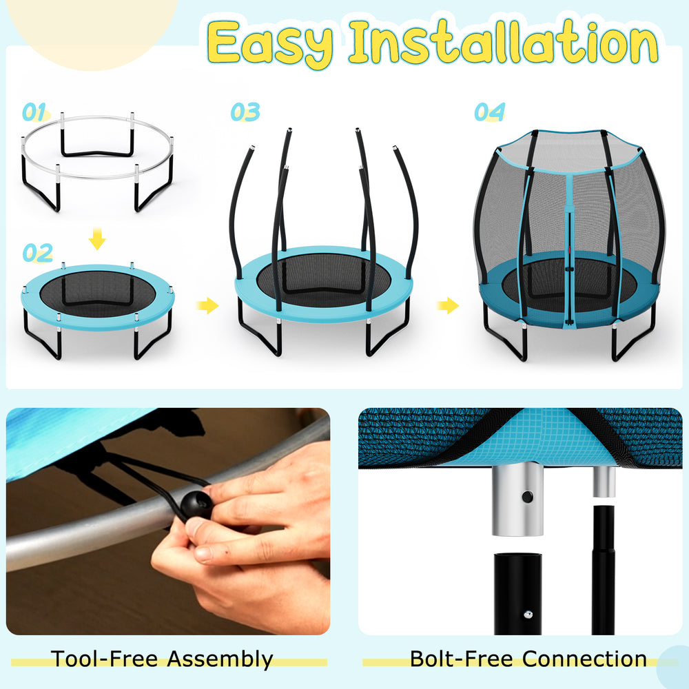 55-inch blue trampoline for kids with safety enclosure net, featuring tool-free assembly and robust galvanized steel.