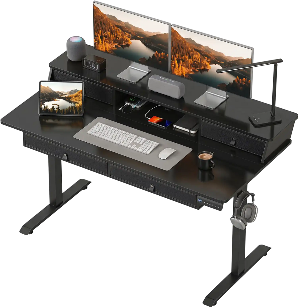 Electric standing desk with drawers, ergonomic monitor stand, and cable management for a tidy workspace.