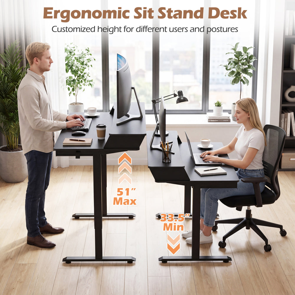 Electric standing desk with adjustable height, ergonomic design, and storage drawers for a tidy workspace.