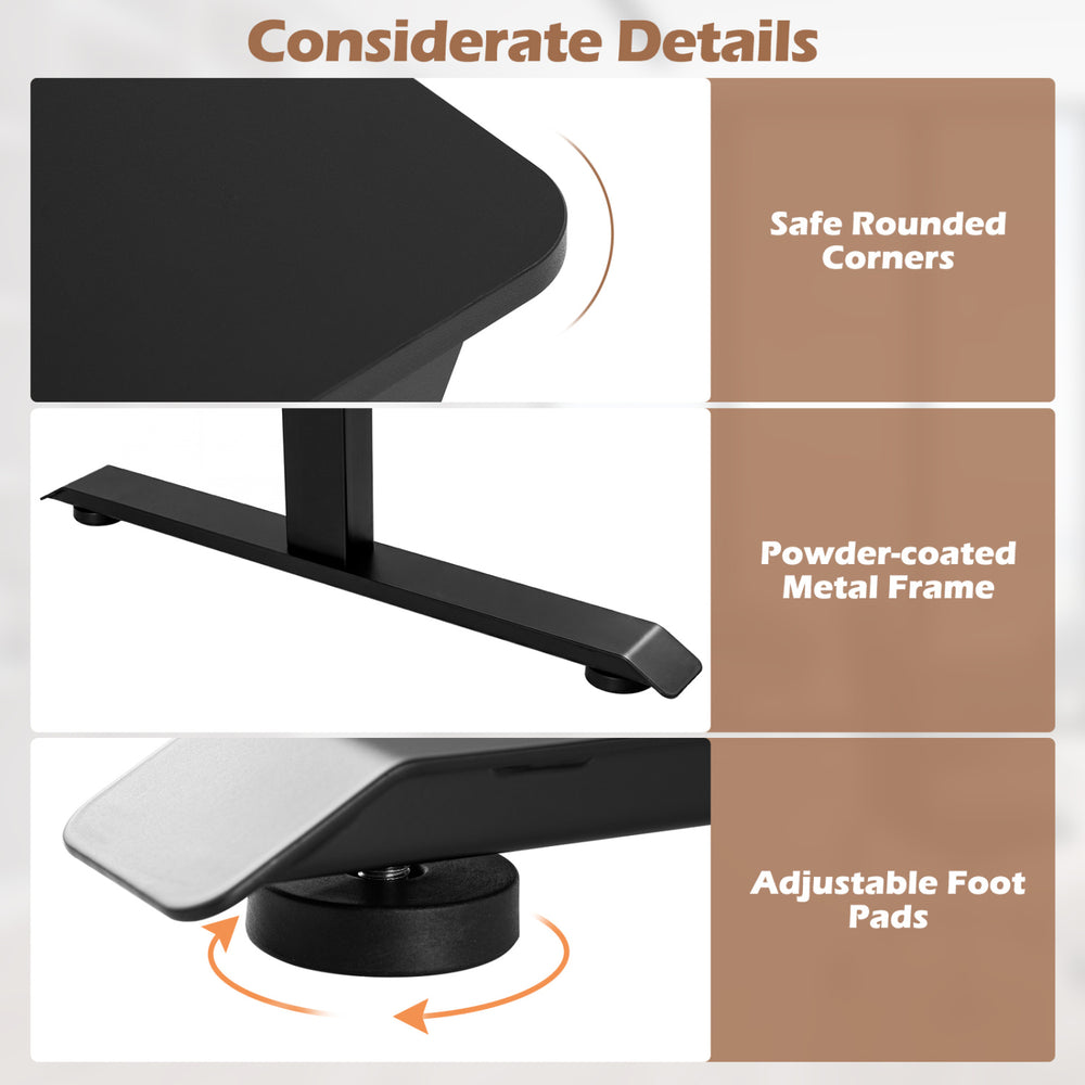 Close-up of the electric standing desk's adjustable foot pads and safe rounded corners for stability and protection.