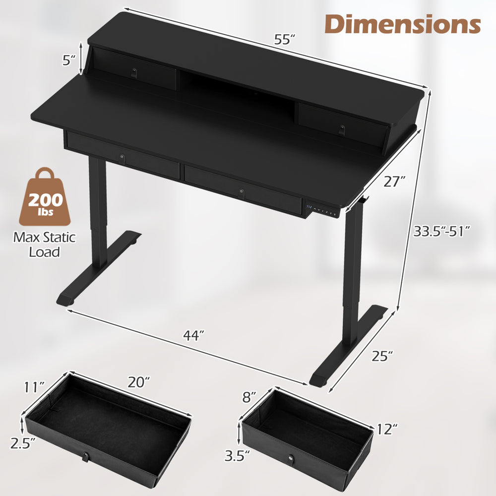 Electric standing desk with drawers, 55"x27", black, featuring adjustable height and ergonomic monitor stand for.