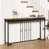 Brown 55" industrial console table with H-shaped base, featuring a spacious tabletop and geometric pattern for.