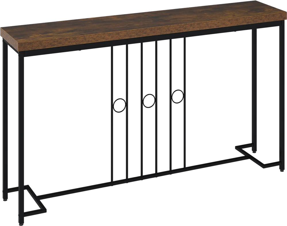 Industrial console table with brown tabletop and black H-shaped base, perfect for living room or hallway use.