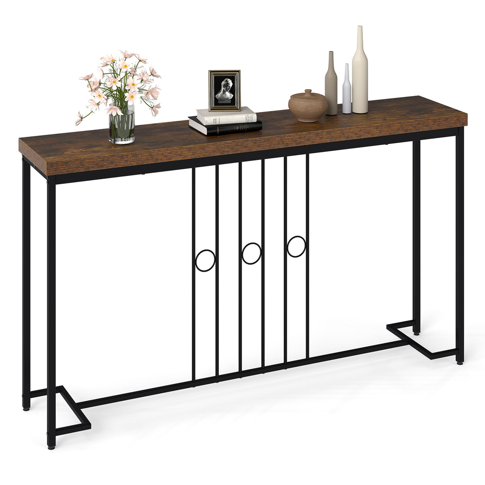 55" industrial console table with a brown tabletop and black H-shaped base, perfect for living room or hallway decor.