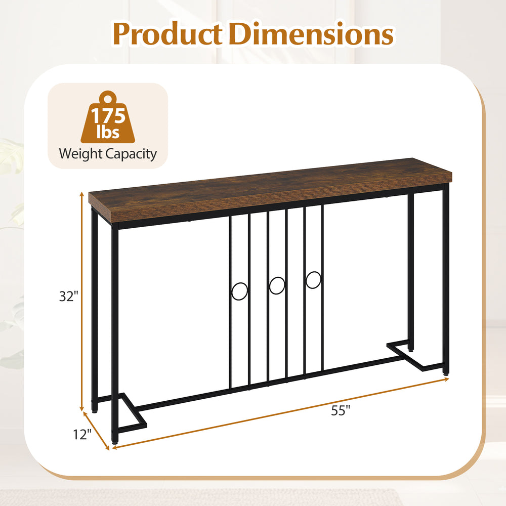 55" industrial console table with H-shaped base, brown tabletop, and geometric pattern, ideal for living room or.
