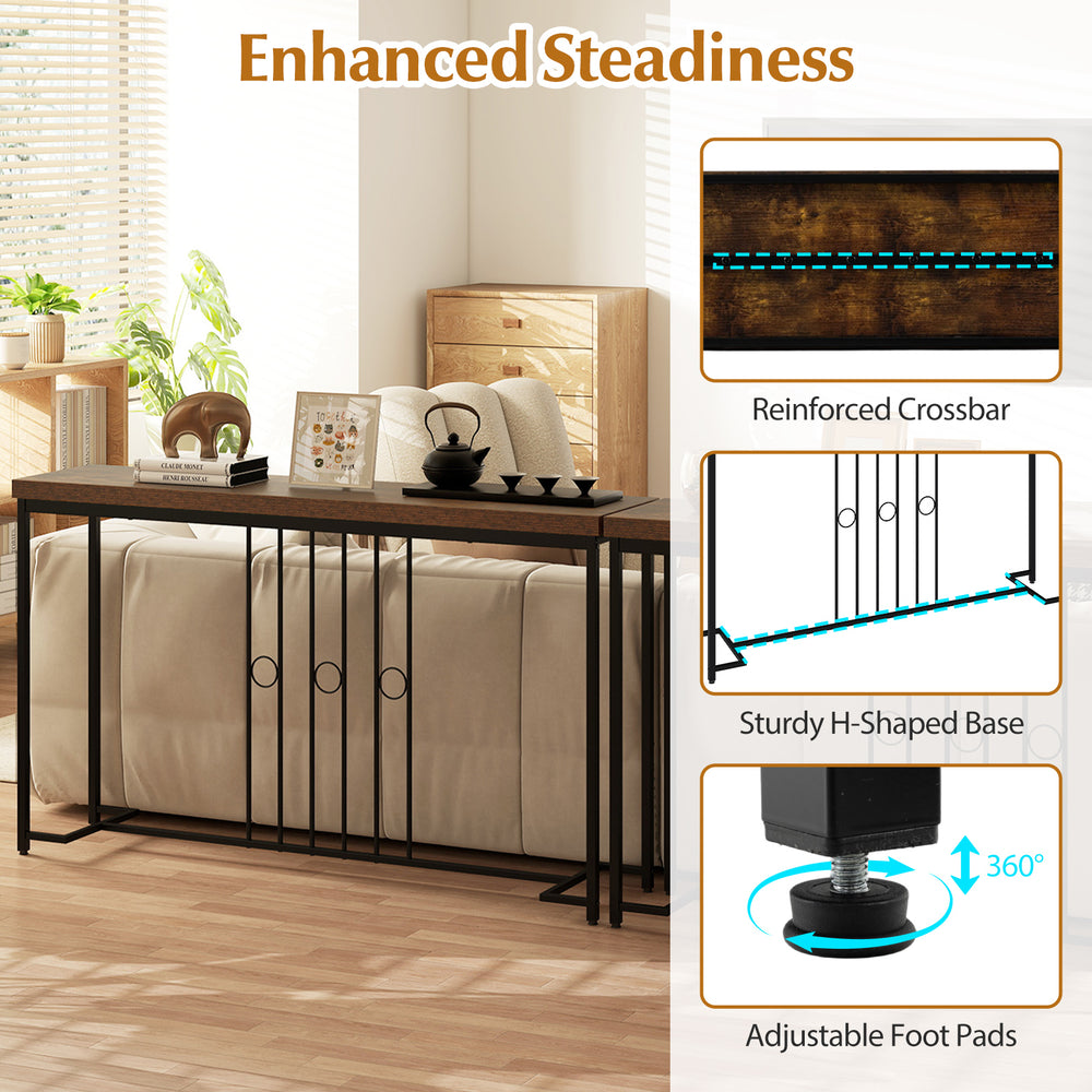 55" industrial console table with H-shaped base, reinforced crossbar, and adjustable foot pads for enhanced stability.