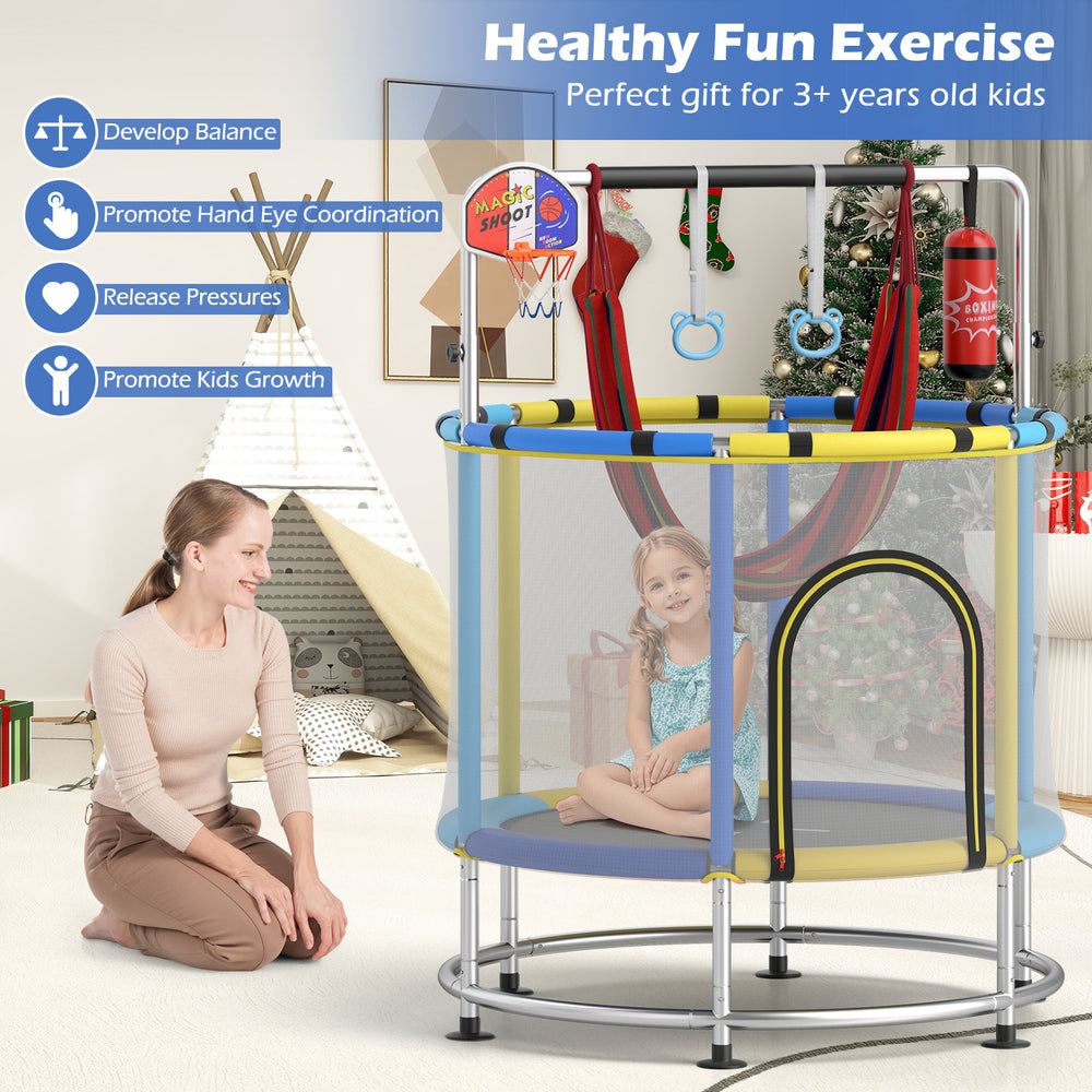 55" kids trampoline with safety net and adjustable gym bar, perfect for fun and safe play for 3-6 years old.