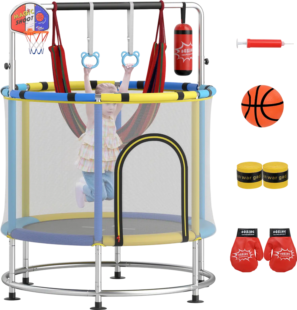 Kids trampoline with 55" jumping mat, safety net, and adjustable gym bar, perfect for ages 3-6 for active play.