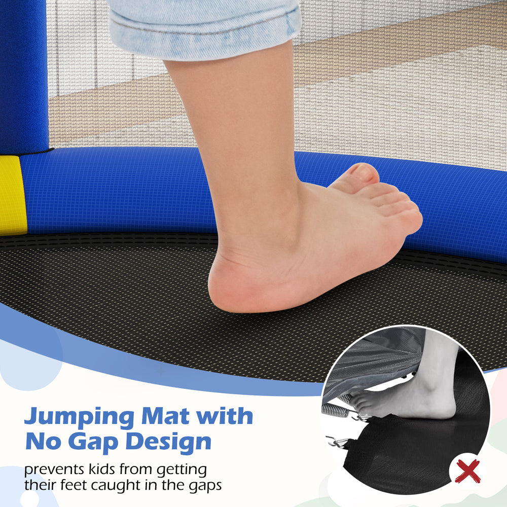 Jumping mat of a 55" kids trampoline featuring a no-gap design for safety, ideal for energetic play and fun.