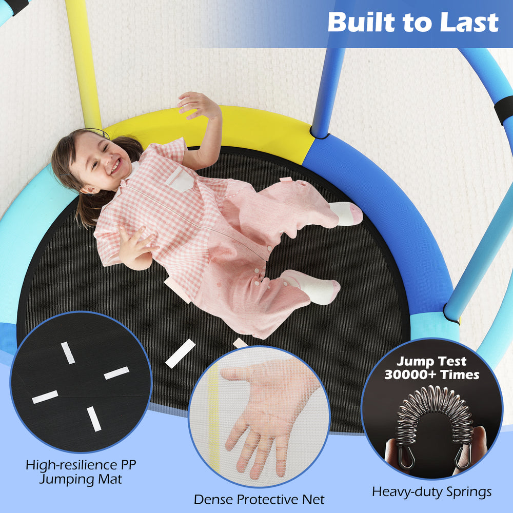 Kids trampoline with 55" jumping mat, 360° safety net, and adjustable gym bar, perfect for ages 3-6 for safe play.