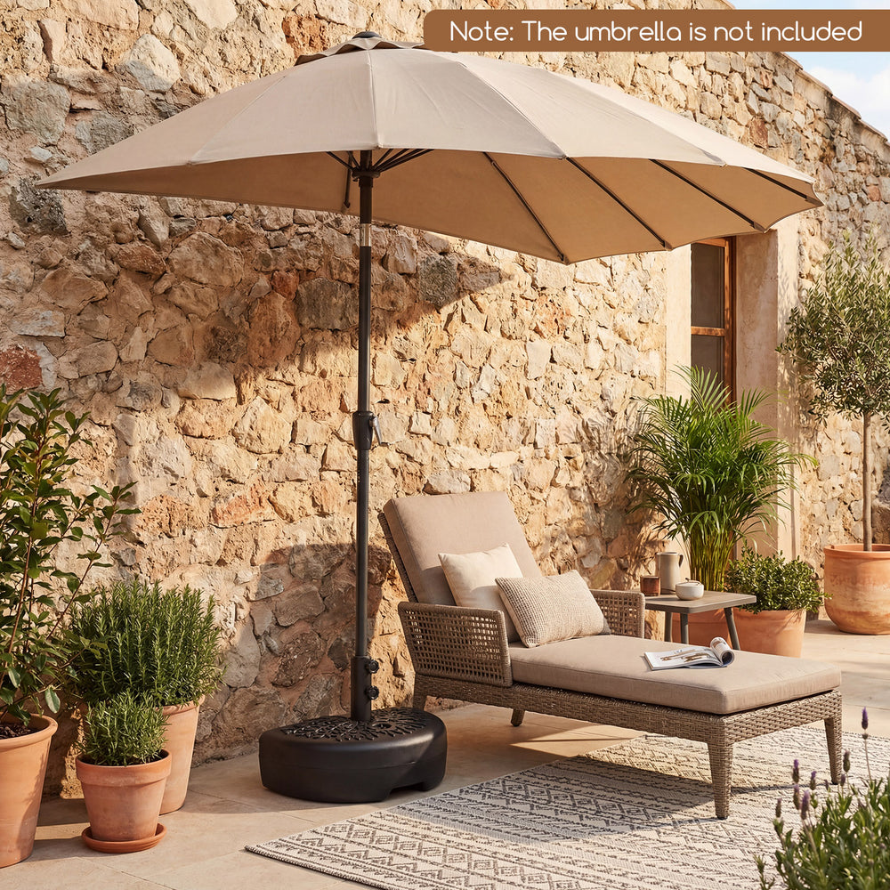 Half-round patio umbrella base in black, designed for stability with a 55 lbs capacity, ideal for small spaces.