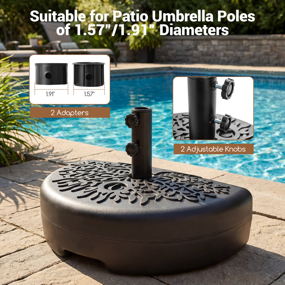 Half-round black patio umbrella base with adjustable knobs and two adapters, ideal for small spaces by the poolside.