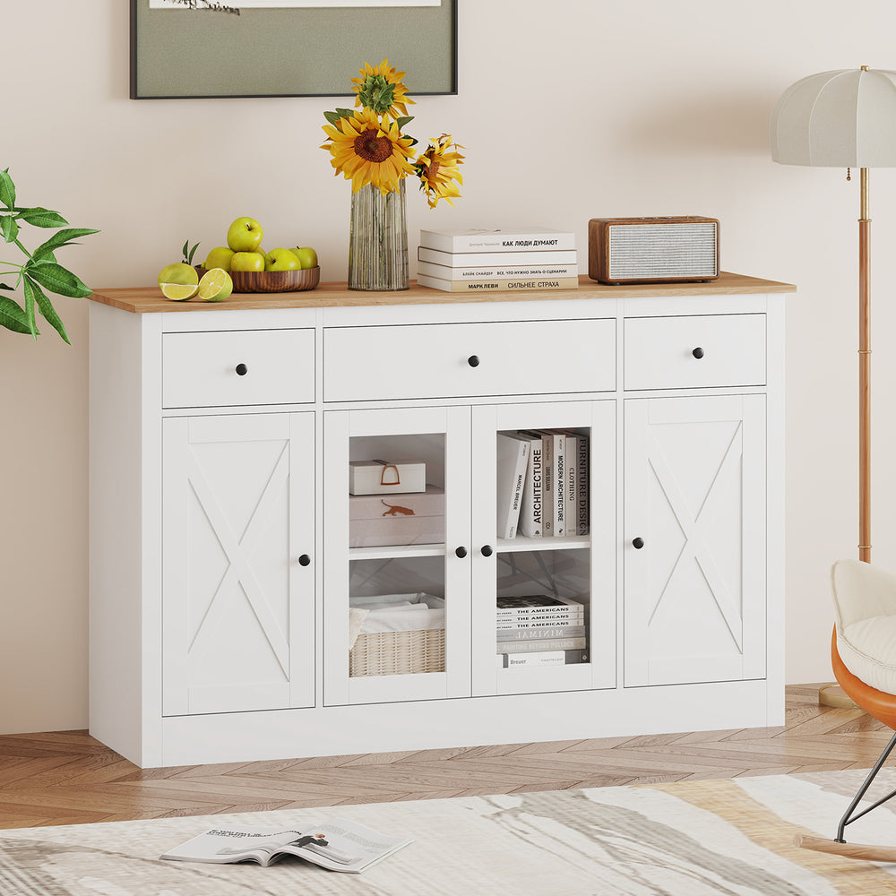 55" Large Buffet Sideboard Kitchen Storage Cabinet with 3 Drawers 2 See-through Doors Adjustable Shelves Wine Bar Table-White - Gallery View 1 of 10