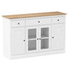 Large white buffet sideboard with wood top, featuring 3 drawers, 2 glass doors, and adjustable shelves for versatile.