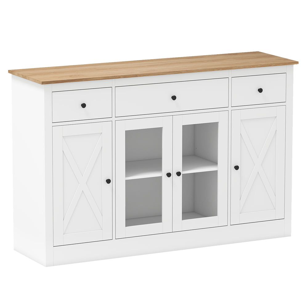 Large white buffet sideboard with wood top, featuring 3 drawers, 2 glass doors, and adjustable shelves for versatile.