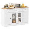 Large white buffet sideboard with 3 drawers, 2 glass doors, and adjustable shelves for kitchen storage and display.