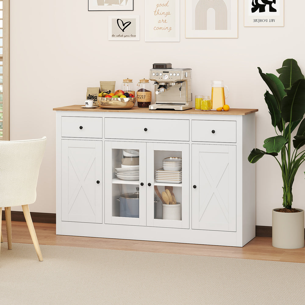 Large white buffet sideboard with 3 drawers and 2 glass doors, ideal for kitchen storage and coffee bar use.