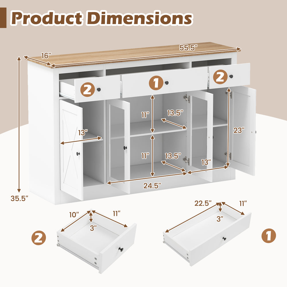 Dimensions of the 55" white buffet sideboard with 3 drawers, 2 glass doors, and adjustable shelves for kitchen storage.