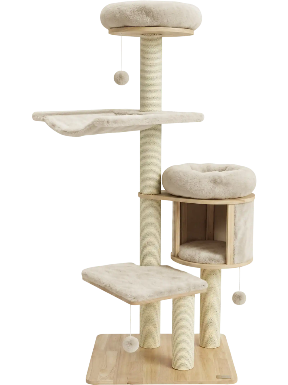 Multi-level 55" beige cat tree with condo, hammock, and scratching posts for adult cats, designed for comfort and stability.