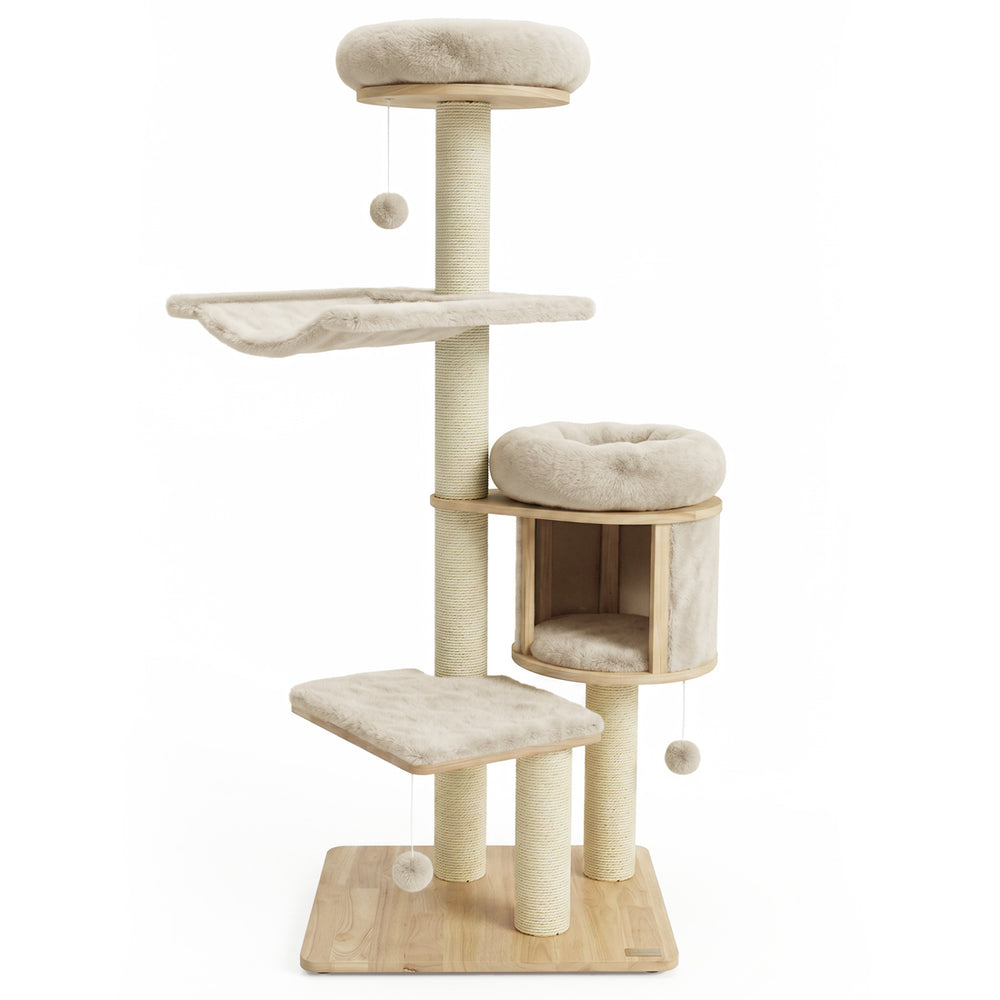 55" Solid Rubber Wood Cat Tree with Condo & Hammock and Scratching Posts for Adult Cats-Beige - Gallery View 1 of 2