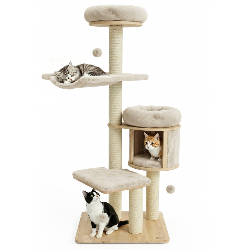 Multi-level 55" solid rubber wood cat tree in beige features cozy beds, scratching posts, and playful dangling balls for cats.