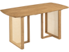 Solid rubber wood dining table with rounded edges and woven resin wicker details, seats 4 people for everyday use.