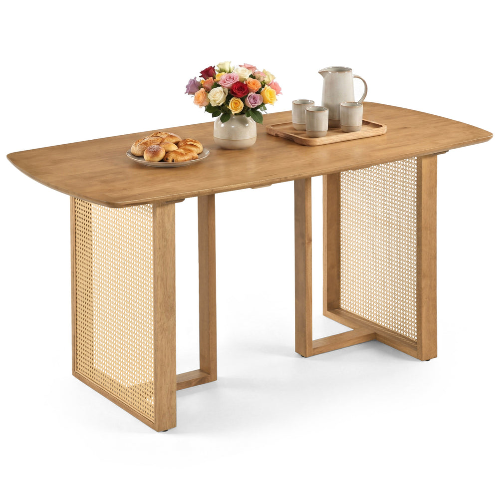 Natural 55" solid rubber wood dining table with rounded edges, woven resin wicker details, and T-shaped legs for support.