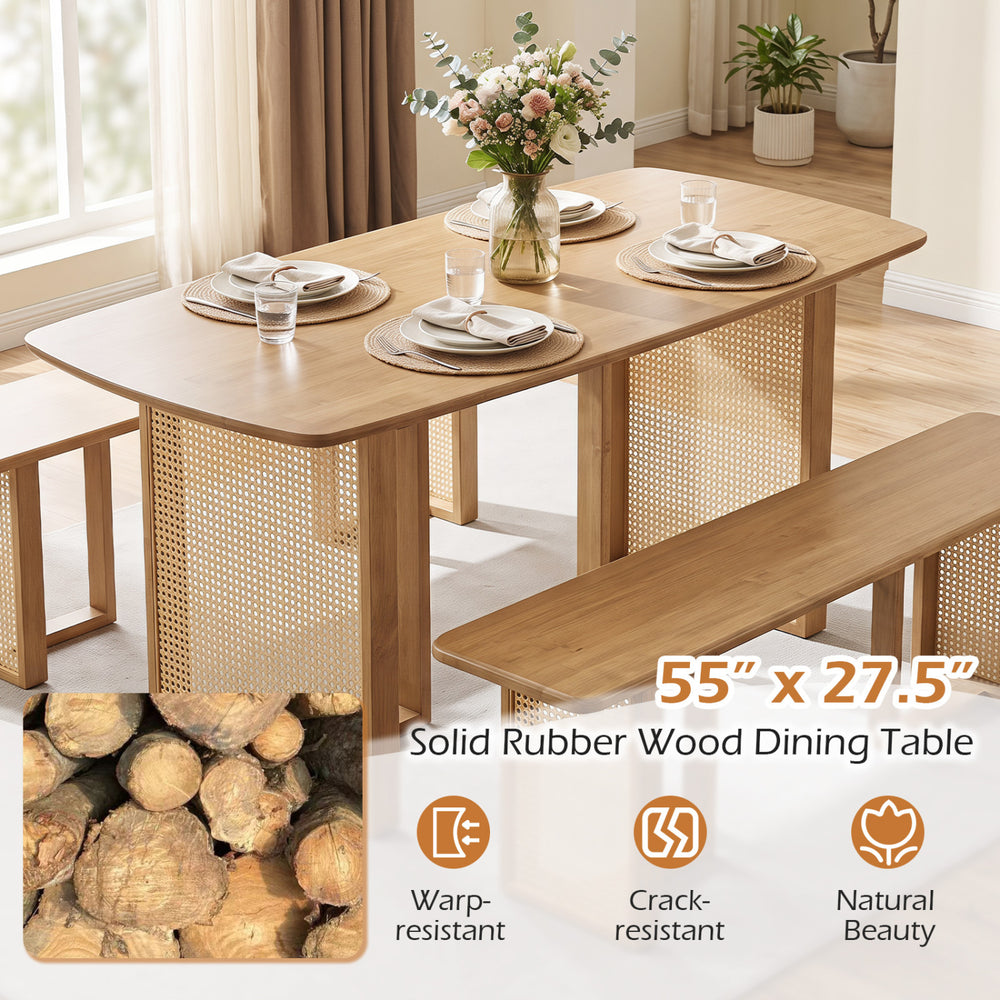 Solid rubber wood dining table set for 4 with rounded edges and woven resin wicker details for a warm boho style.