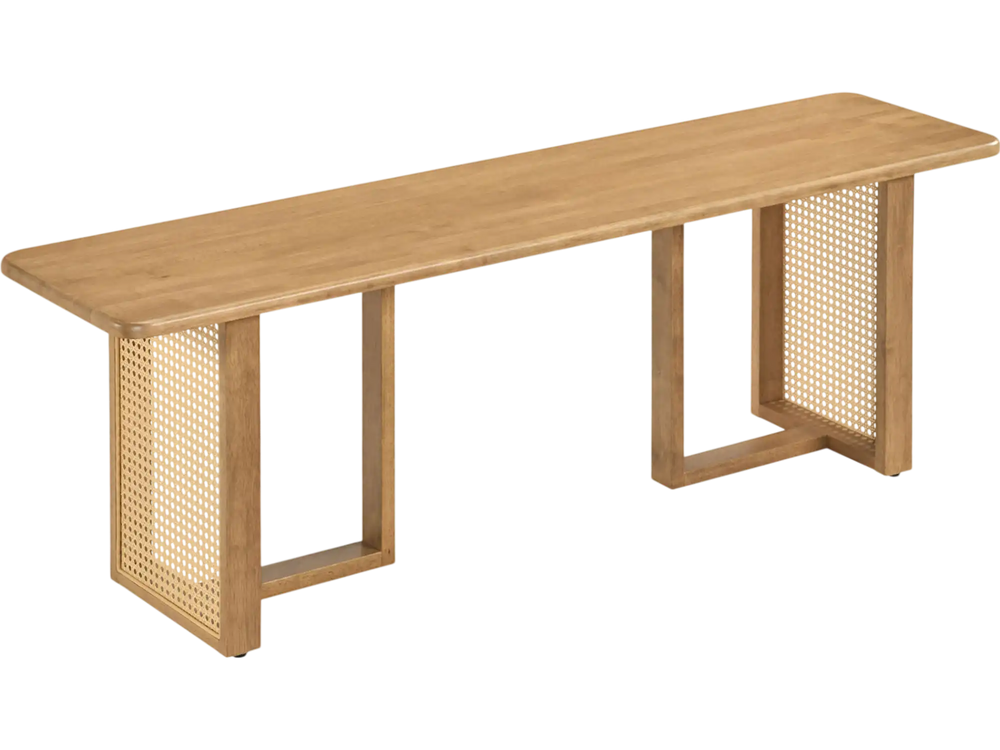 Natural 55" solid rubber wood dining bench with rattan legs, featuring a boho design and adjustable foot pads for stability.