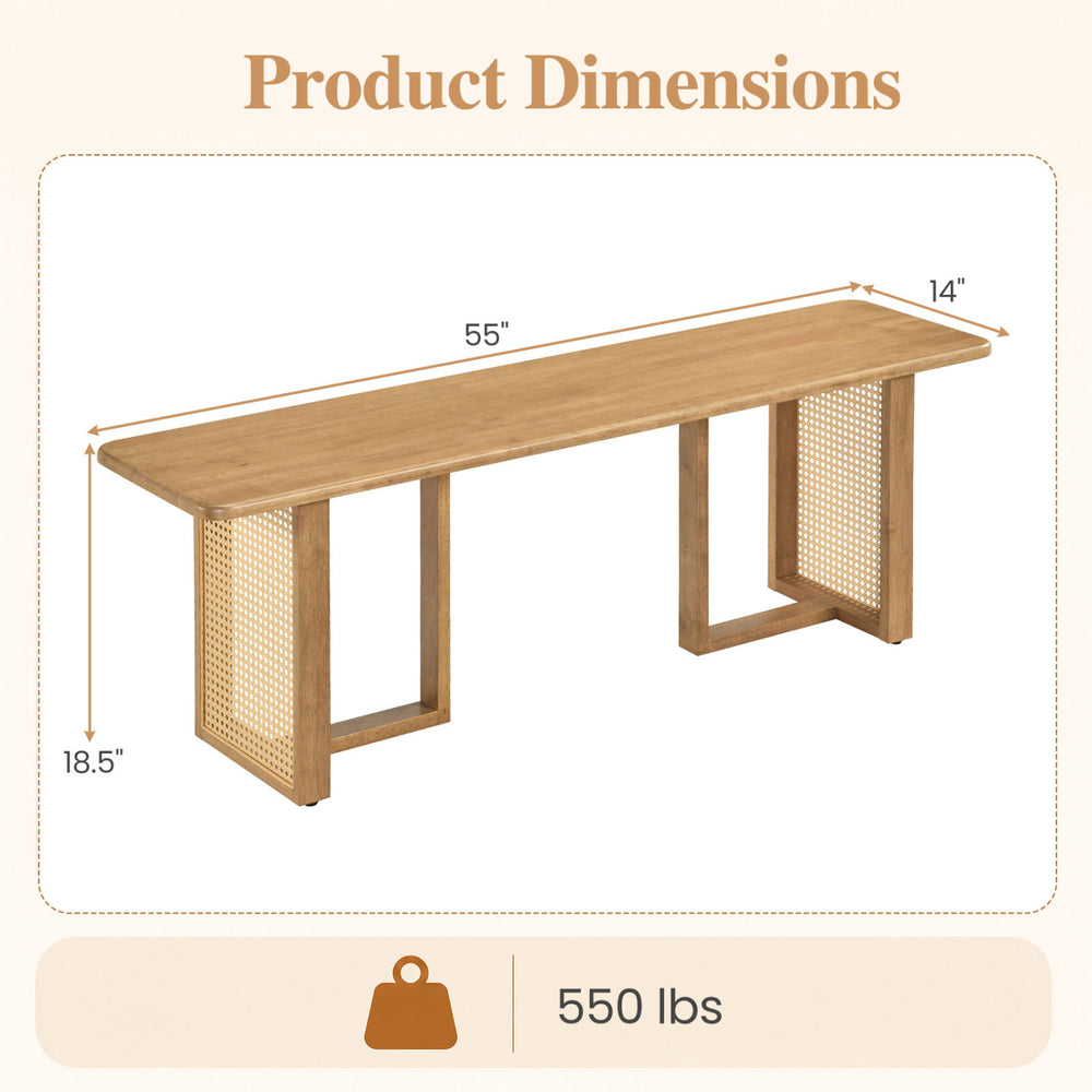Natural 55" solid rubber wood dining bench with rattan legs, supporting up to 550 lbs, ideal for versatile indoor use.