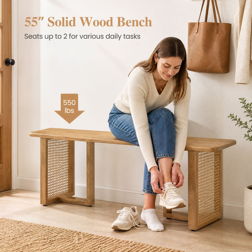 Solid rubber wood dining bench with rattan legs, seating up to 2 and supporting 550 lbs, perfect for entryways or bedrooms.