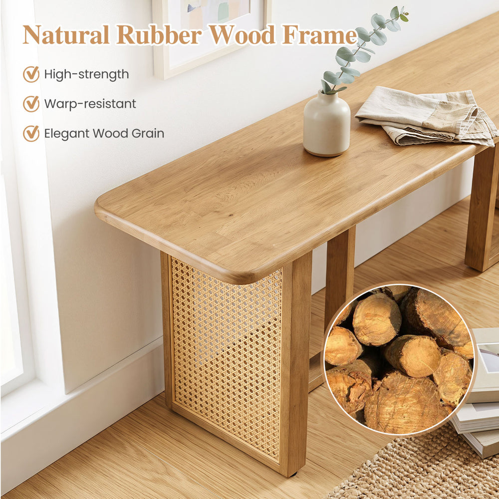 55" solid rubber wood dining bench with rattan legs features elegant wood grain and supports up to 550 lbs for versatile use.