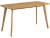 Natural 55" solid wood dining table with rounded edges, seats 4-6 people, perfect for dining rooms or casual gatherings.