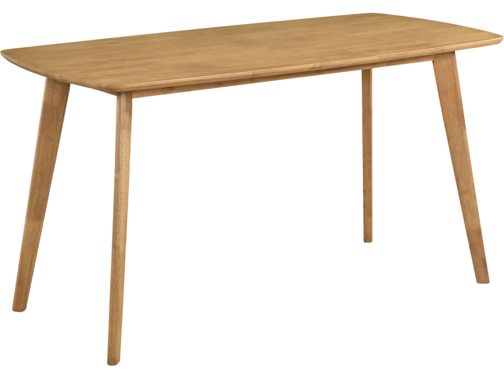 Natural 55" solid wood dining table with rounded edges, seats 4-6 people, perfect for dining rooms or casual gatherings.