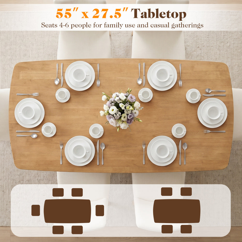 Natural 55" solid wood dining table with rounded edges, seats 4-6 people for family gatherings and casual dining.