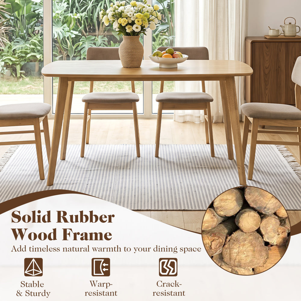 55" solid rubber wood dining table with rounded edges, suitable for 4-6 people, ideal for dining rooms or kitchens.