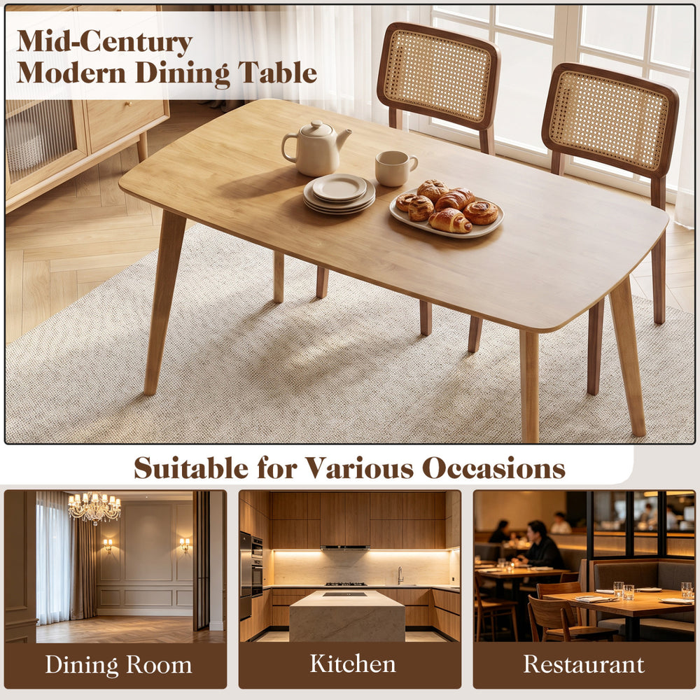 Natural 55" solid wood dining table with rounded edges, seats 4-6 people, perfect for dining rooms, kitchens, or restaurants.