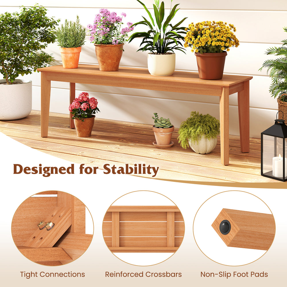 Teak wood bench with a solid construction, 880 lbs capacity, designed for outdoor stability in patio or garden settings.