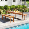Teak wood outdoor bench with solid construction, 880 lbs capacity, perfect for patio or garden seating.
