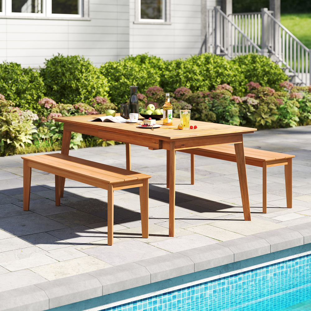 Teak wood outdoor bench with solid construction, 880 lbs capacity, perfect for patio or garden seating.
