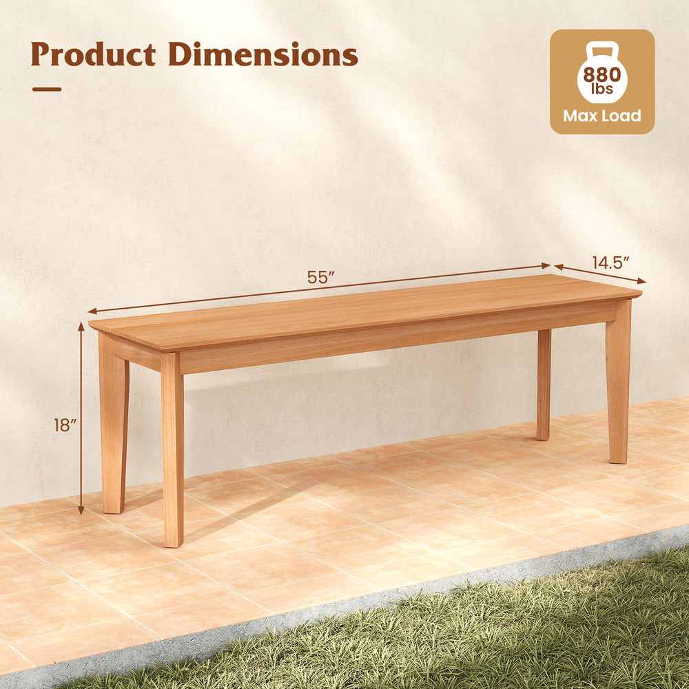 Teak wood bench measuring 55 inches, with a weight capacity of 880 lbs, ideal for outdoor patio and garden use.