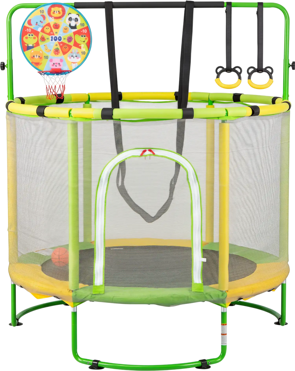 55" trampoline for kids with adjustable gymnastics bar and basketball hoop, designed for indoor and outdoor play.
