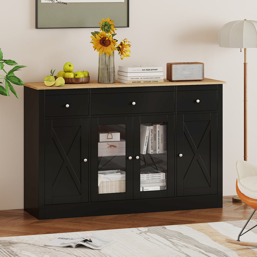 55" Large Buffet Sideboard Kitchen Storage Cabinet with 3 Drawers 2 See-through Doors Adjustable Shelves Wine Bar Table-Black - Gallery View 1 of 10