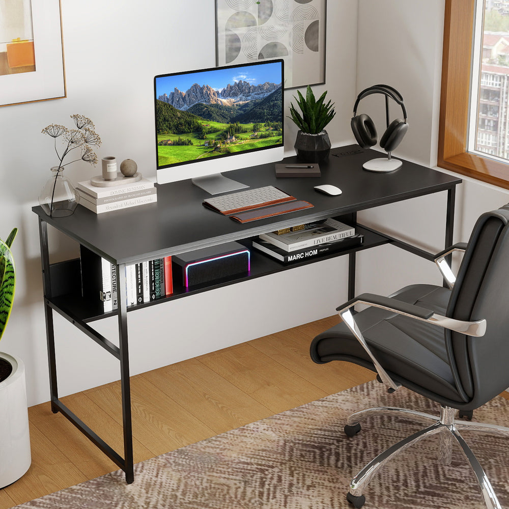 55 x 24 inch black computer desk with built-in power outlets, under-desk shelf, and heavy-duty metal frame for.