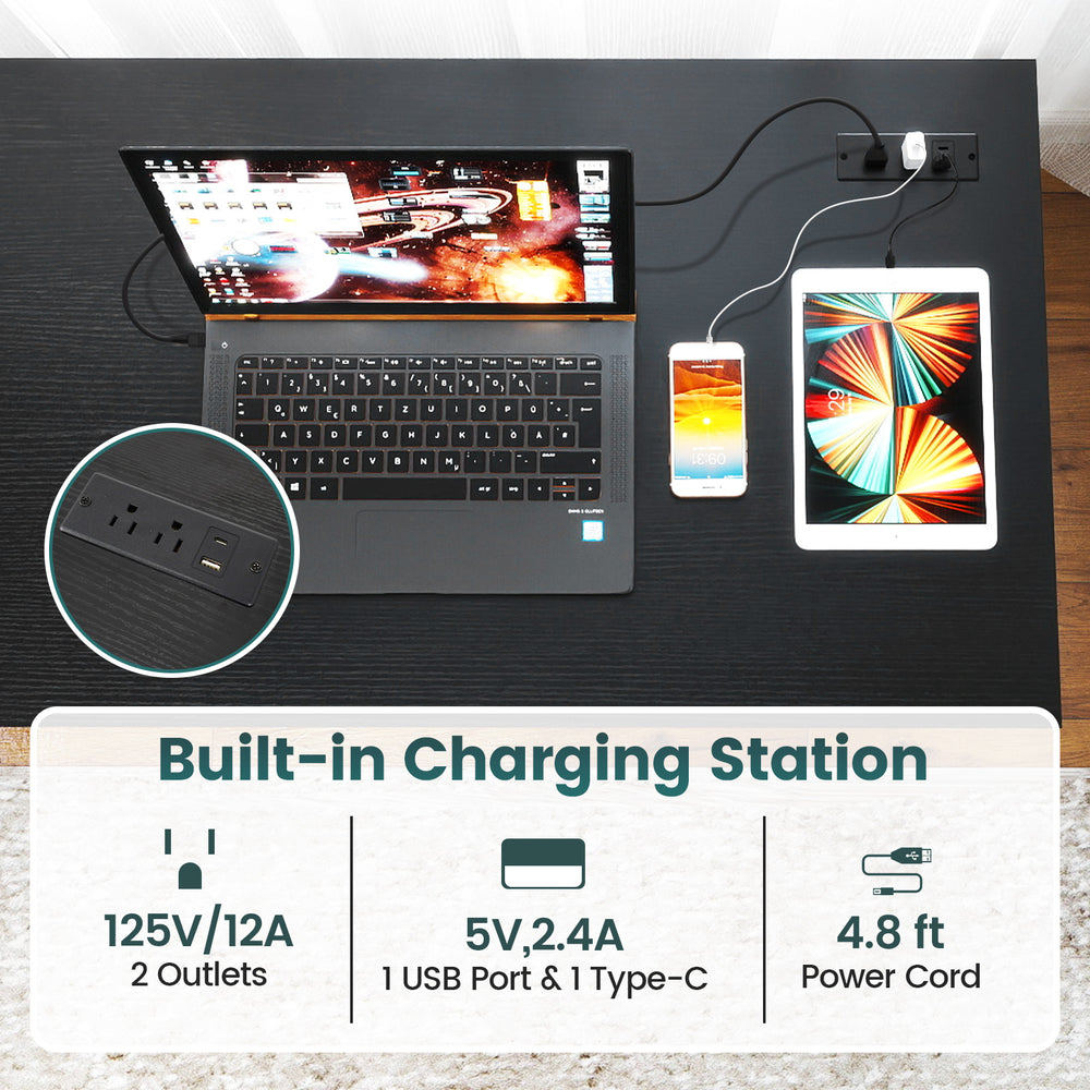 Computer desk with built-in charging station, featuring power outlets and USB ports for convenient device charging.