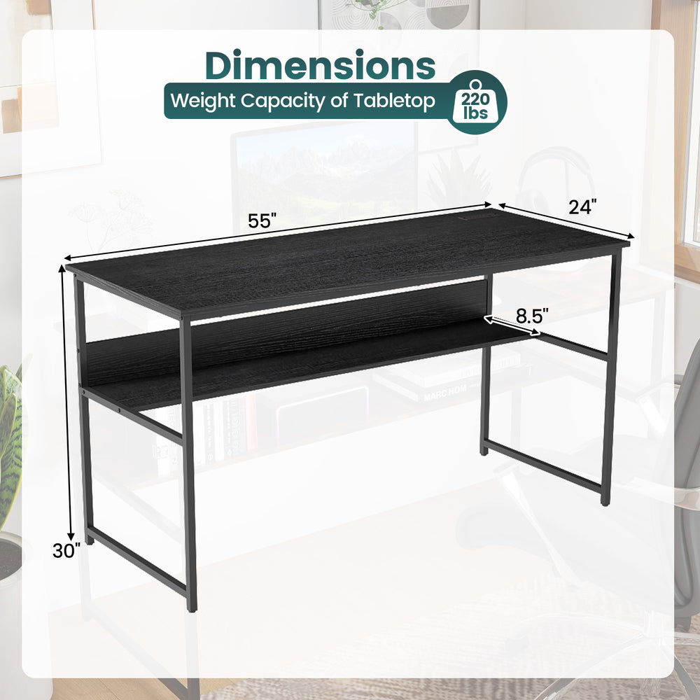 55 x 24 inch black computer desk with under-desk shelf, power outlets, and USB ports for versatile workspace solutions.