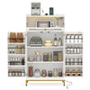 Freestanding white kitchen pantry cabinet with LED light, multiple shelves, and built-in power strip for organized.